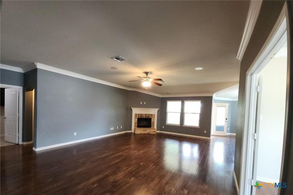 Empty room, Fireplace, Interior, Recessed Lighting, Wood Texture Flooring