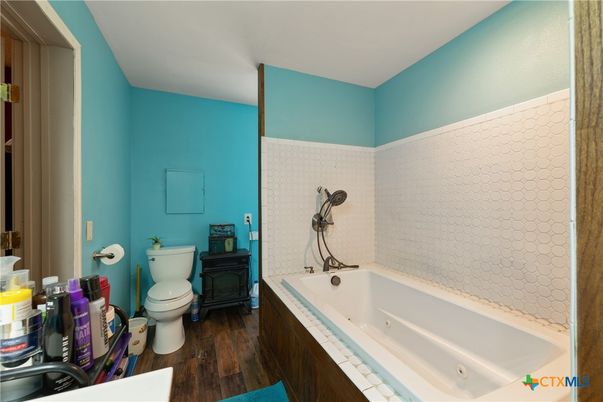 Bathroom, Interior, Tile Countertops, Wood Texture Flooring