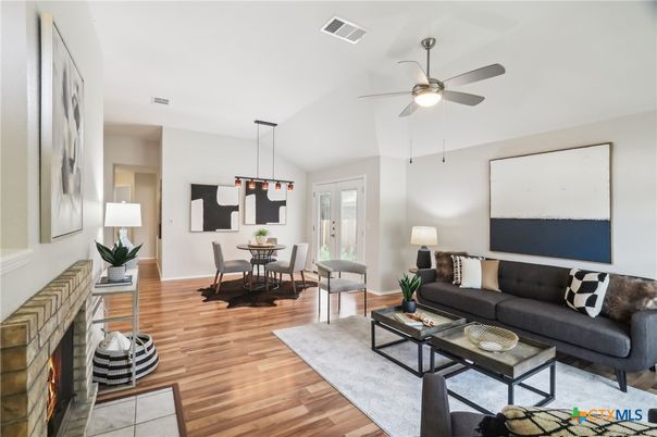 Dining room, Interior, Living room, Pendant Lights, Wood Texture Flooring