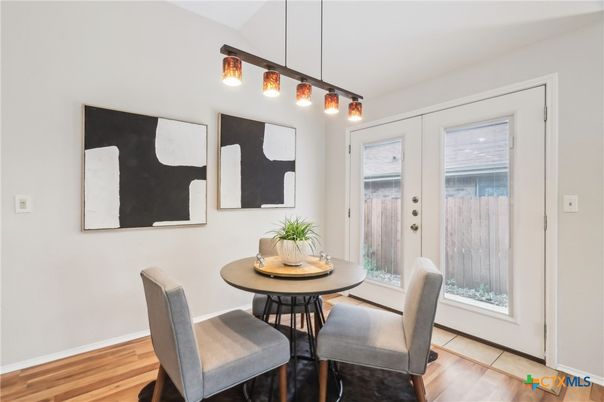 Dining room, Interior, Pendant Lights, Wood Texture Flooring