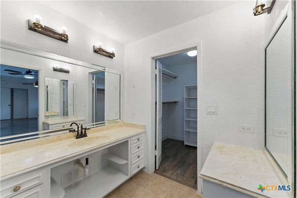 Bathroom, Dual Sink Vanities, Interior, Walk-in Closets, Wood Texture Flooring