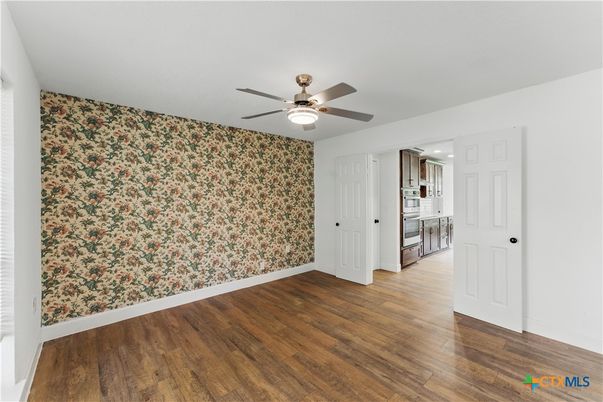 Empty room, Interior, Kitchen, Recessed Lighting, Wood Texture Flooring
