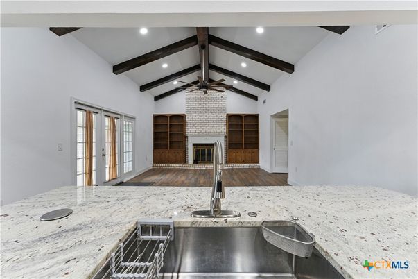 Fireplace, Interior, Recessed Lighting, Stone Walls, Wooden Beams, Wood Texture Flooring