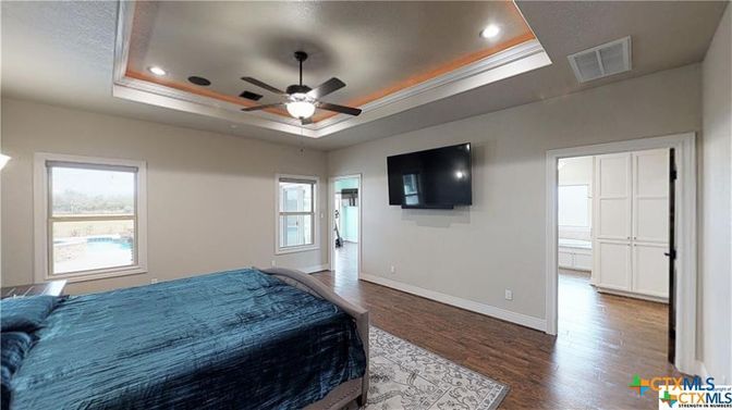 Bedroom, Interior, Recessed Lighting, Wood Texture Flooring