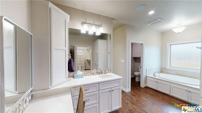 Bathroom, Dual Sink Vanities, Interior, Recessed Lighting, Wood Texture Flooring