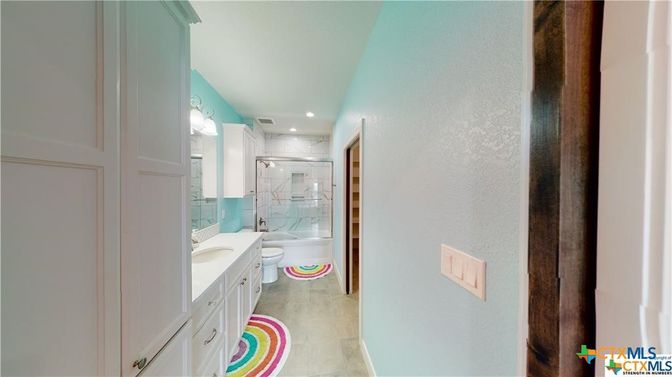 Bathroom, Glass Shower, Interior, Recessed Lighting, Wood Texture Flooring