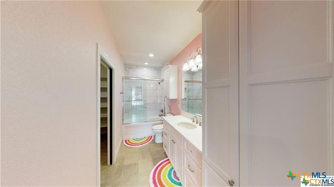 Bathroom, Glass Shower, Interior, Recessed Lighting, Wood Texture Flooring