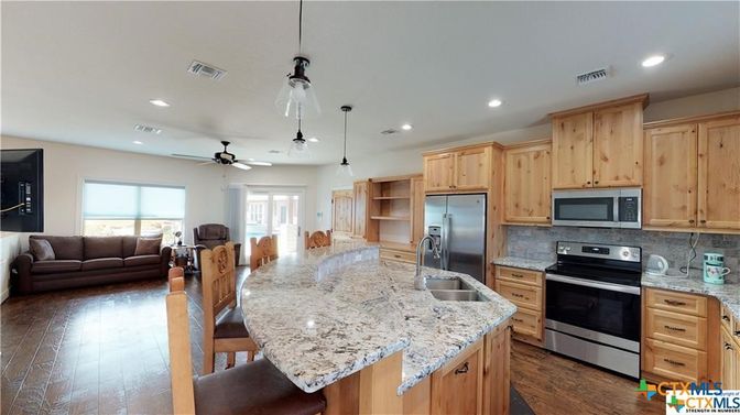 Interior, Kitchen, Living room, Pendant Lights, Recessed Lighting, Stainless Steel Appliances, Wood Texture Flooring