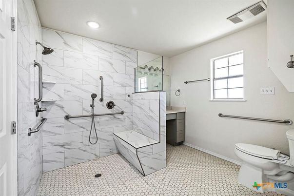 Bathroom, Glass Shower, Interior, Marble Walls, Recessed Lighting