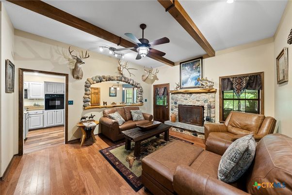 Fireplace, Interior, Kitchen, Living room, Wooden Beams, Wood Texture Flooring