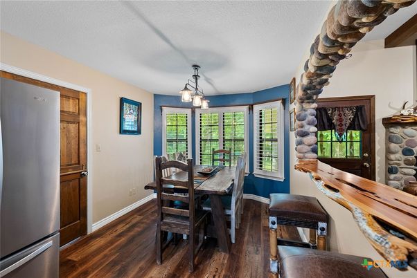 Dining room, Interior, Pendant Lights, Wood Texture Flooring