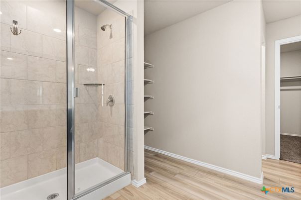 Bathroom, Glass Shower, Interior, Wood Texture Flooring