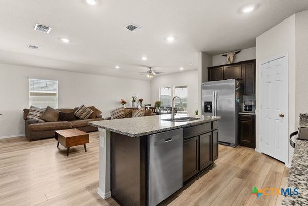 Interior, Kitchen, Living room, Recessed Lighting, Stainless Steel Appliances, Wood Texture Flooring