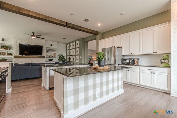 Interior, Kitchen, Living room, Recessed Lighting, Stainless Steel Appliances, Wooden Beams, Wood Texture Flooring