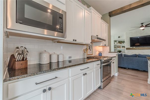 Interior, Kitchen, Stainless Steel Appliances, Stone Walls, Wooden Beams, Wood Texture Flooring