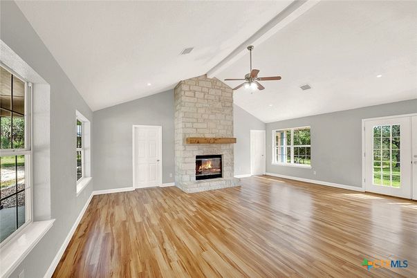 Empty room, Fireplace, Interior, Recessed Lighting, Wood Texture Flooring