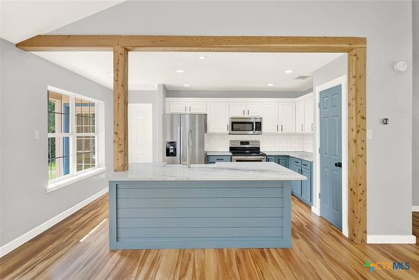 Interior, Kitchen, Recessed Lighting, Stainless Steel Appliances, Wooden Beams, Wood Texture Flooring