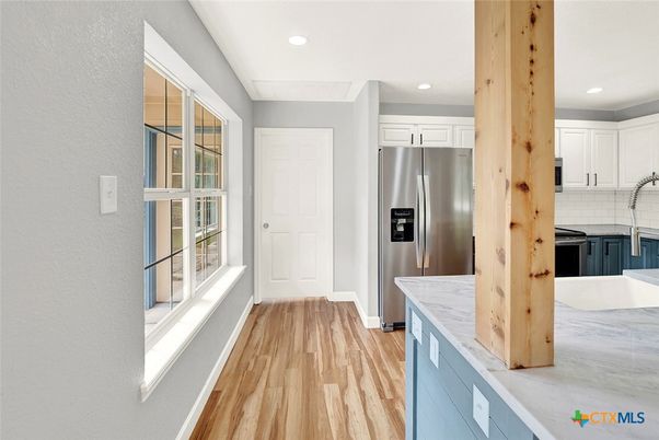 Interior, Kitchen, Recessed Lighting, Stainless Steel Appliances, Wood Texture Flooring