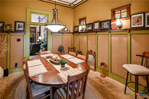 Dining room, Interior, Pendant Lights, Wood Texture Flooring