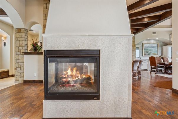 Dining room, Fireplace, Interior, Recessed Lighting, Stone Walls, Wooden Beams, Wood Texture Flooring