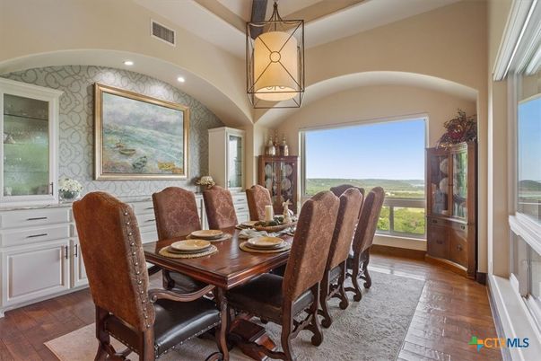 Dining room, Interior, Recessed Lighting, Wood Texture Flooring