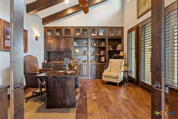Home Office, Interior, Recessed Lighting, Wooden Beams, Wood Texture Flooring