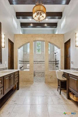 Bathroom, Chandelier, Glass Shower, Interior, Recessed Lighting, Wooden Beams