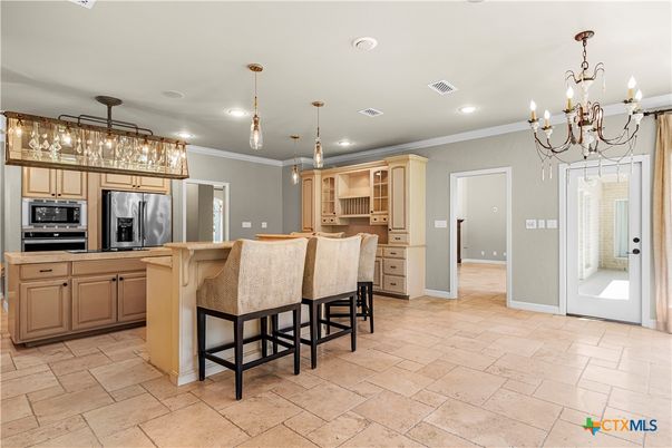 Chandelier, Interior, Kitchen, Pendant Lights, Recessed Lighting, Stainless Steel Appliances