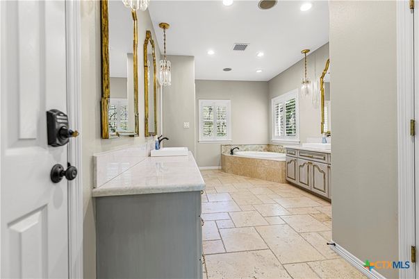 Bathroom, Dual Sink Vanities, Interior, Pendant Lights, Recessed Lighting