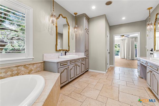 Bathroom, Dual Sink Vanities, Interior, Pendant Lights, Recessed Lighting