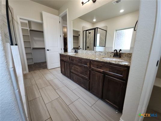 Bathroom, Dual Sink Vanities, Interior, Recessed Lighting, Wood Texture Flooring
