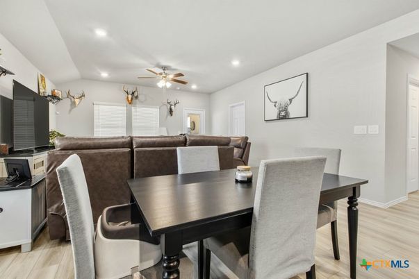 Dining room, Interior, Living room, Recessed Lighting, Wood Texture Flooring