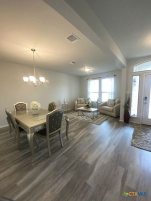 Dining room, Interior, Living room, Pendant Lights, Wood Texture Flooring