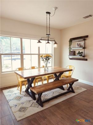 Dining room, Interior, Pendant Lights, Wood Texture Flooring