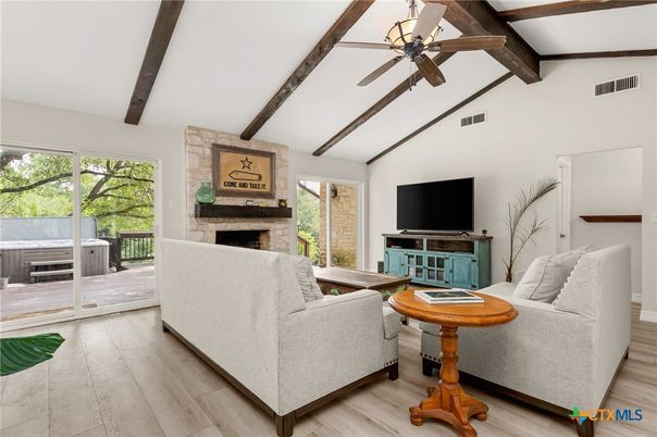 Fireplace, Interior, Living room, Wooden Beams, Wood Texture Flooring