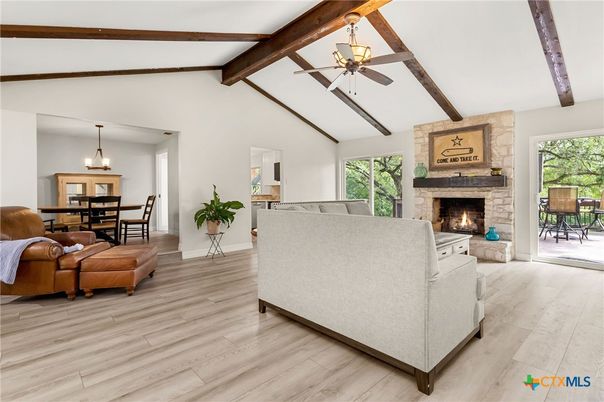 Dining room, Fireplace, Interior, Living room, Pendant Lights, Stone Walls, Wooden Beams, Wood Texture Flooring