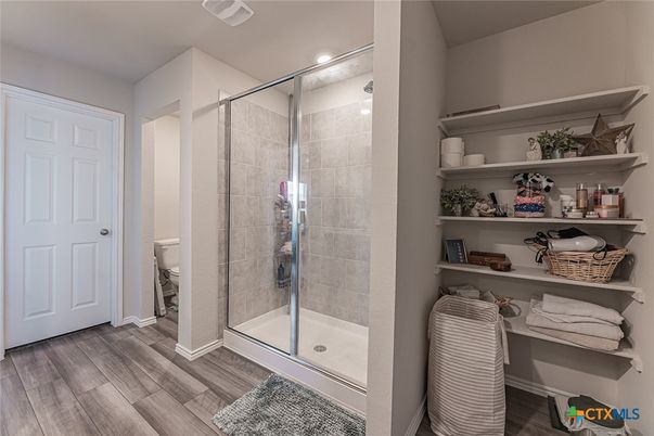 Bathroom, Glass Shower, Interior, Recessed Lighting, Wood Texture Flooring