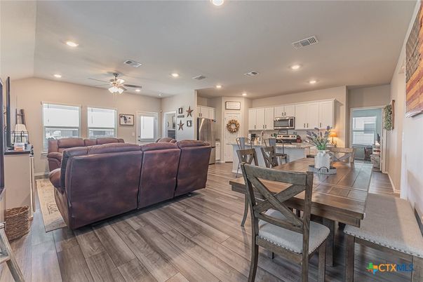 Dining room, Interior, Kitchen, Living room, Recessed Lighting, Stainless Steel Appliances, Wood Texture Flooring