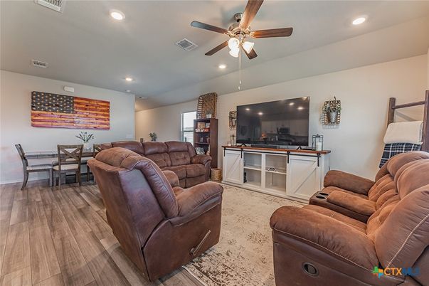 Dining room, Interior, Living room, Recessed Lighting, Wood Texture Flooring