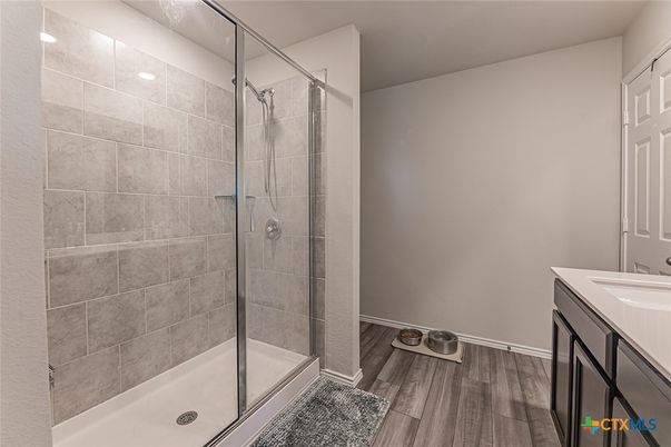 Bathroom, Glass Shower, Interior, Wood Texture Flooring