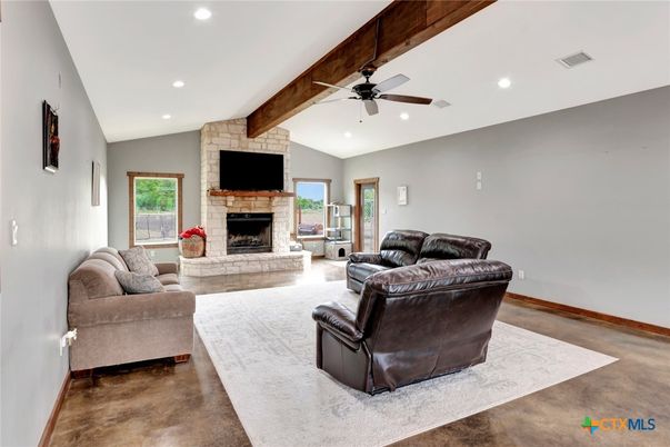 Fireplace, Interior, Living room, Recessed Lighting, Stone Walls