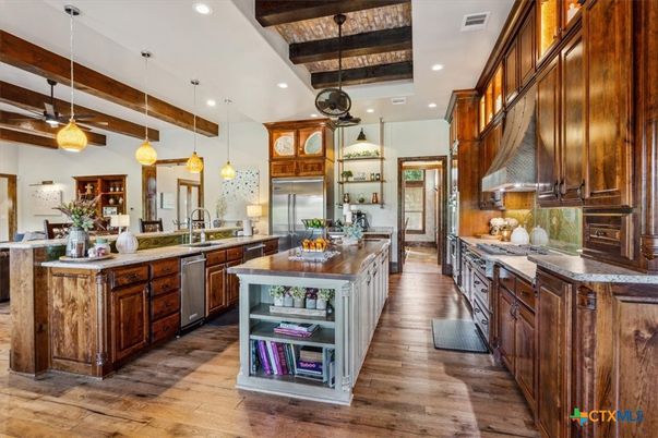 Interior, Kitchen, Pendant Lights, Recessed Lighting, Stainless Steel Appliances, Wooden Beams, Wood Texture Flooring