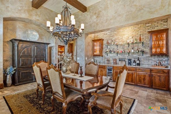Chandelier, Dining room, Interior, Stone Walls, Wooden Beams