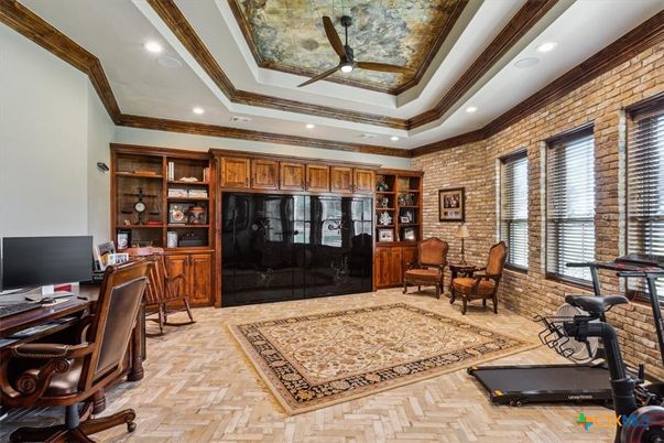 Fitness Equipment, Home Office, Interior, Recessed Lighting, Stone Walls, Wood Texture Flooring