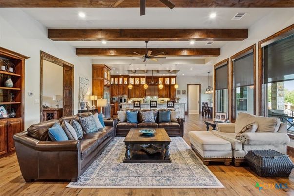 Interior, Kitchen, Living room, Pendant Lights, Recessed Lighting, Stainless Steel Appliances, Wooden Beams, Wood Texture Flooring