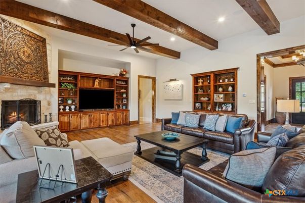 Fireplace, Interior, Living room, Recessed Lighting, Wooden Beams, Wood Texture Flooring