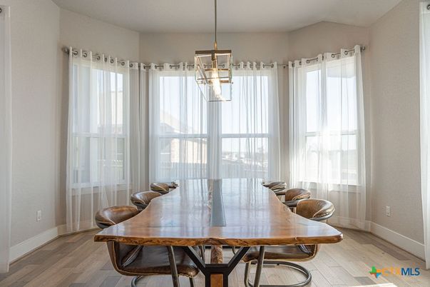 Dining room, Interior, Pendant Lights, Wood Texture Flooring