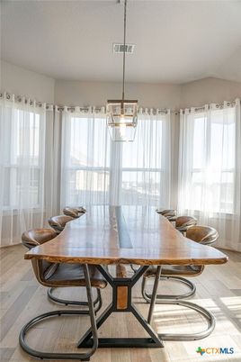 Dining room, Interior, Pendant Lights, Wood Texture Flooring