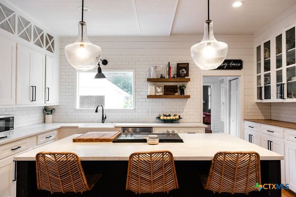 Interior, Kitchen, Pendant Lights, Recessed Lighting, Stainless Steel Appliances, Stone Walls