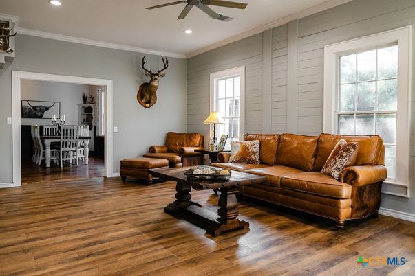 Dining room, Interior, Living room, Recessed Lighting, Wood Texture Flooring